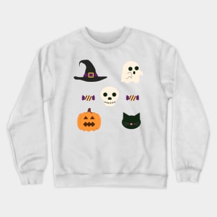 Cute Halloween Design with Ghost, Pumpkin, Skull, Cat, and Witch Hat Crewneck Sweatshirt